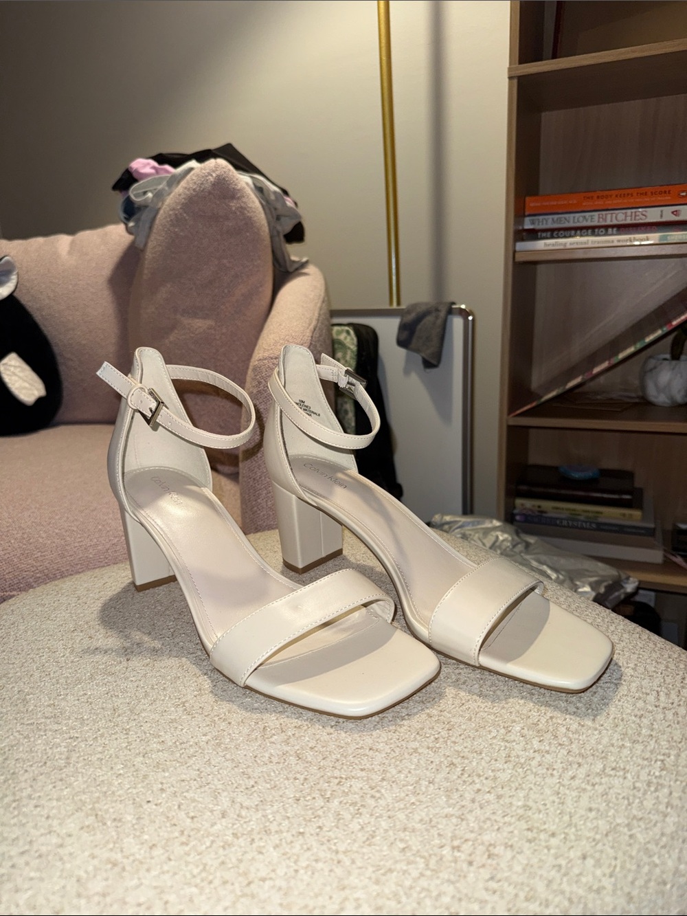 Calvin Klein White Block Heel Ankle-Strap Sandals